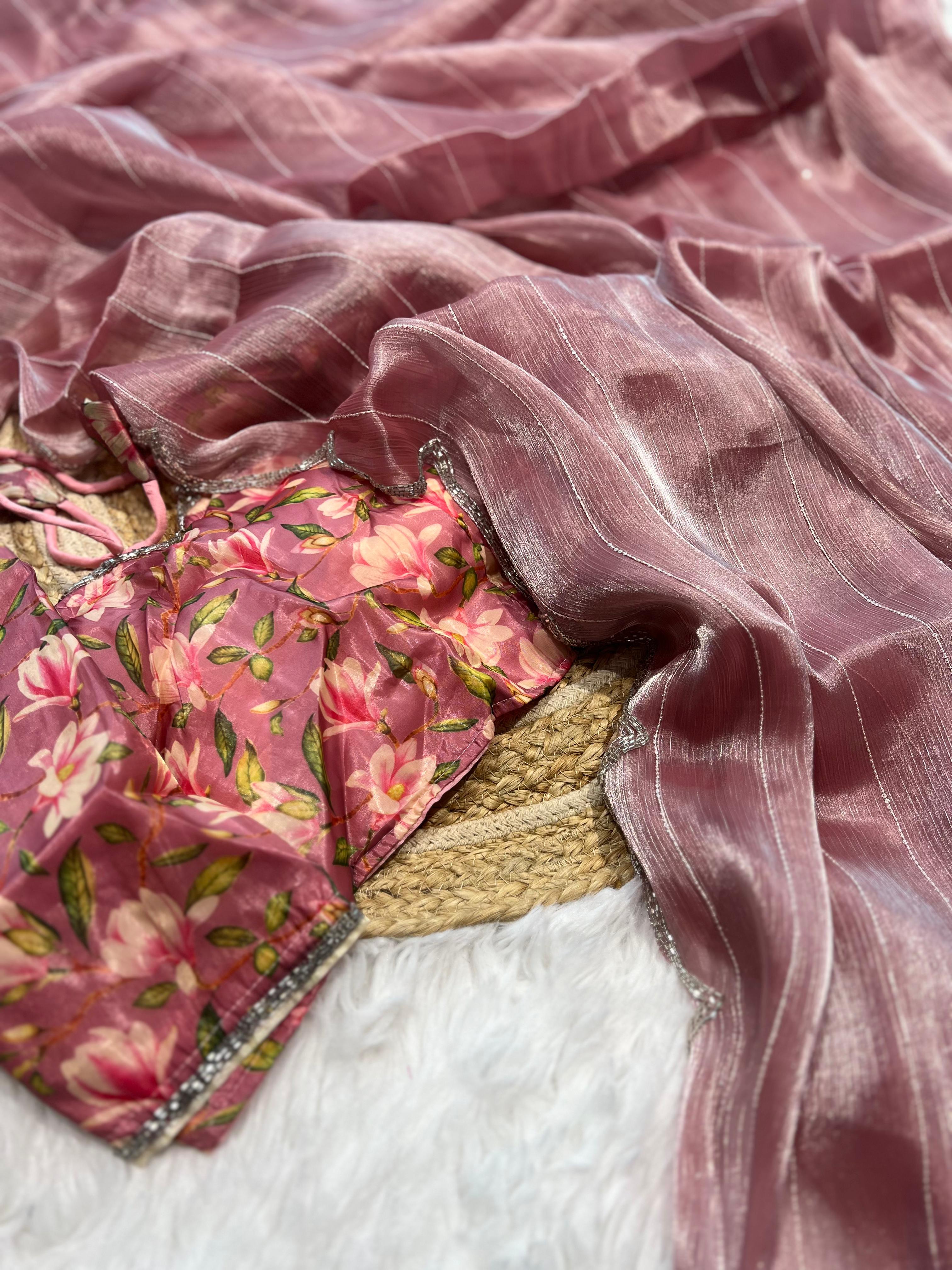 Jimmy Choo Saree – Pink Saree With Flower Digital Print Blouse